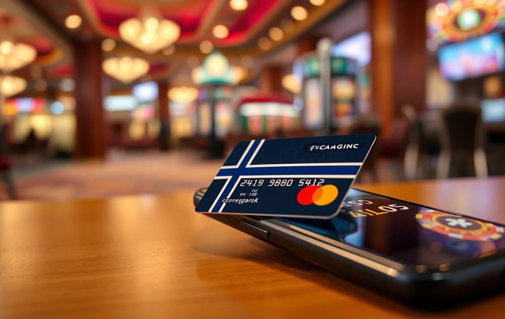 Norsk debetkort (Mastercard) liggende på en mobiltelefon med en casino-app på skjermen, bakgrunn uskarp casino.